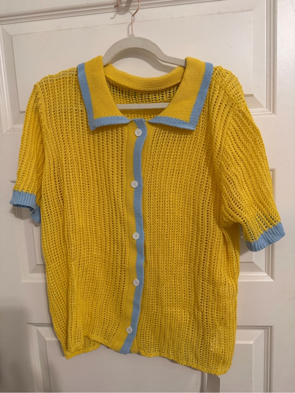Source Unknown Yellow Open-Knit Button Cardigan with Blue Trim